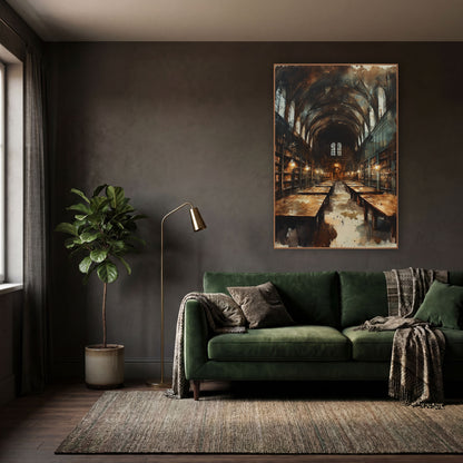 Vaulted Library Hall Dark Academia wall art in a moody dark academia room – long vaulted library hall with arched