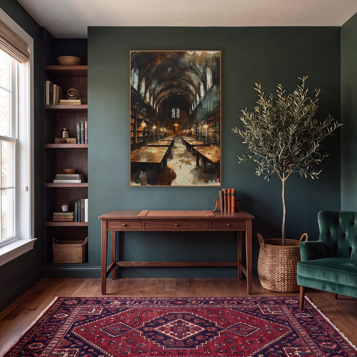 Vaulted Library Hall Dark Academia wall art in a moody dark academia room – long vaulted library hall with arched