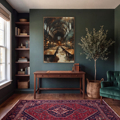 Vaulted Library Hall Dark Academia wall art in a moody dark academia room – long vaulted library hall with arched