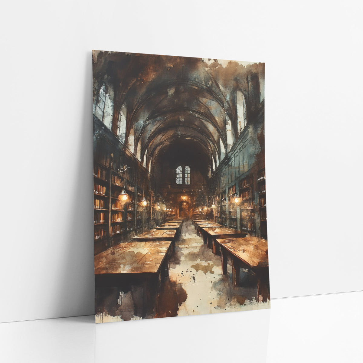 Vaulted Library Hall Dark Academia art print leaning against a white wall – long vaulted library hall with arched windows