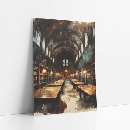 Vaulted Library Hall Dark Academia art print leaning against a white wall – long vaulted library hall with arched windows