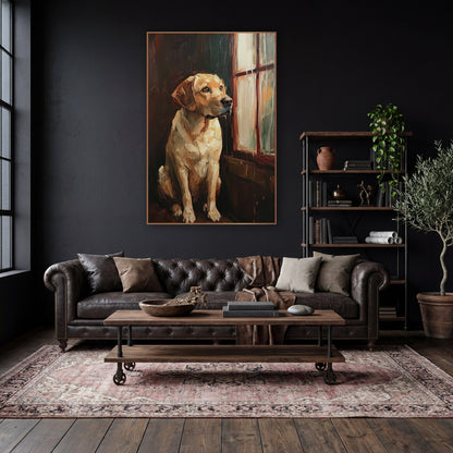 Golden Retriever at Rainy Window wall art in a moody dark academia room – seated yellow dog gazing out a rain-streaked