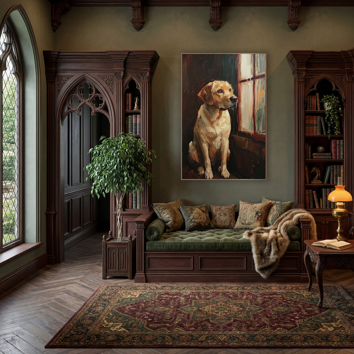 Golden Retriever at Rainy Window wall art in a moody dark academia room – seated yellow dog gazing out a rain-streaked