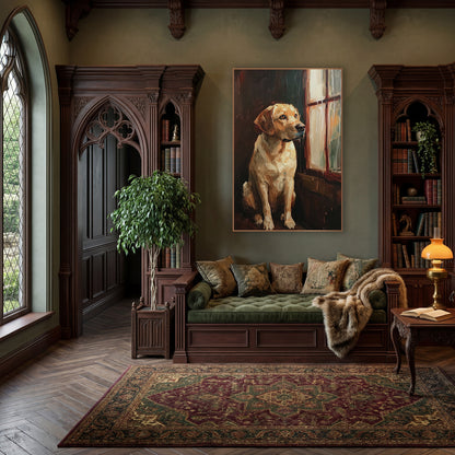 Golden Retriever at Rainy Window wall art in a moody dark academia room – seated yellow dog gazing out a rain-streaked