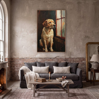 Golden Retriever at Rainy Window wall art in a moody dark academia room – seated yellow dog gazing out a rain-streaked