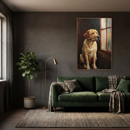 Golden Retriever at Rainy Window wall art in a moody dark academia room – seated yellow dog gazing out a rain-streaked