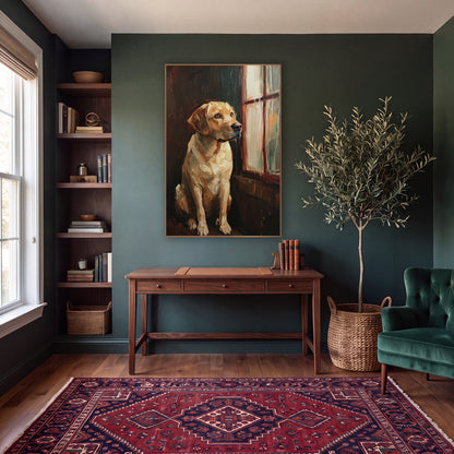 Golden Retriever at Rainy Window wall art in a moody dark academia room – seated yellow dog gazing out a rain-streaked