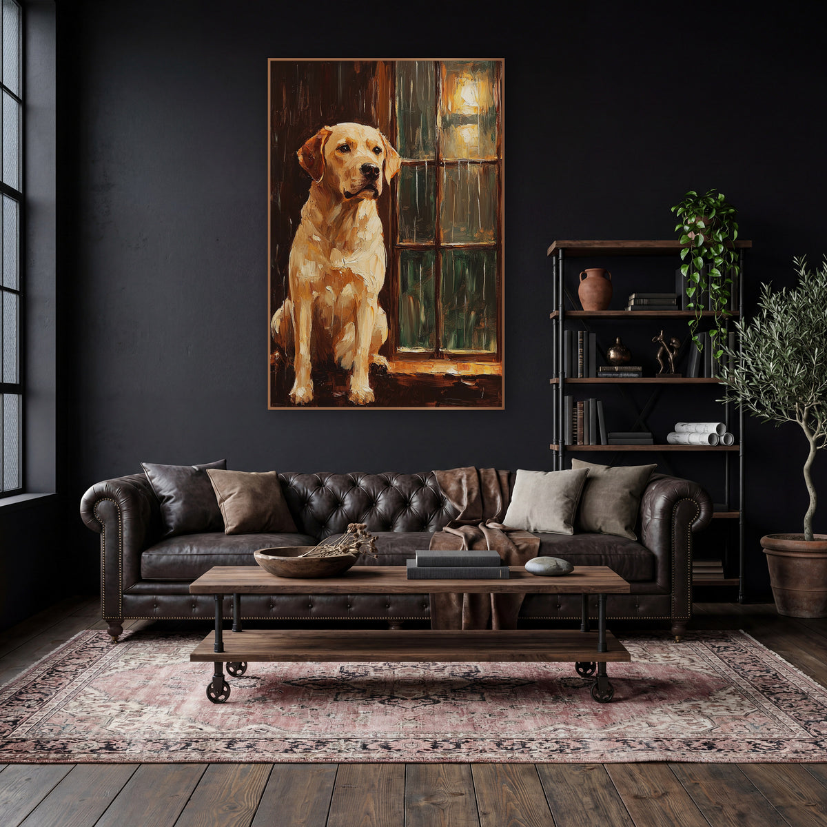 Waiting Yellow Labrador Window Portrait wall art in a moody dark academia room – yellow Labrador sitting