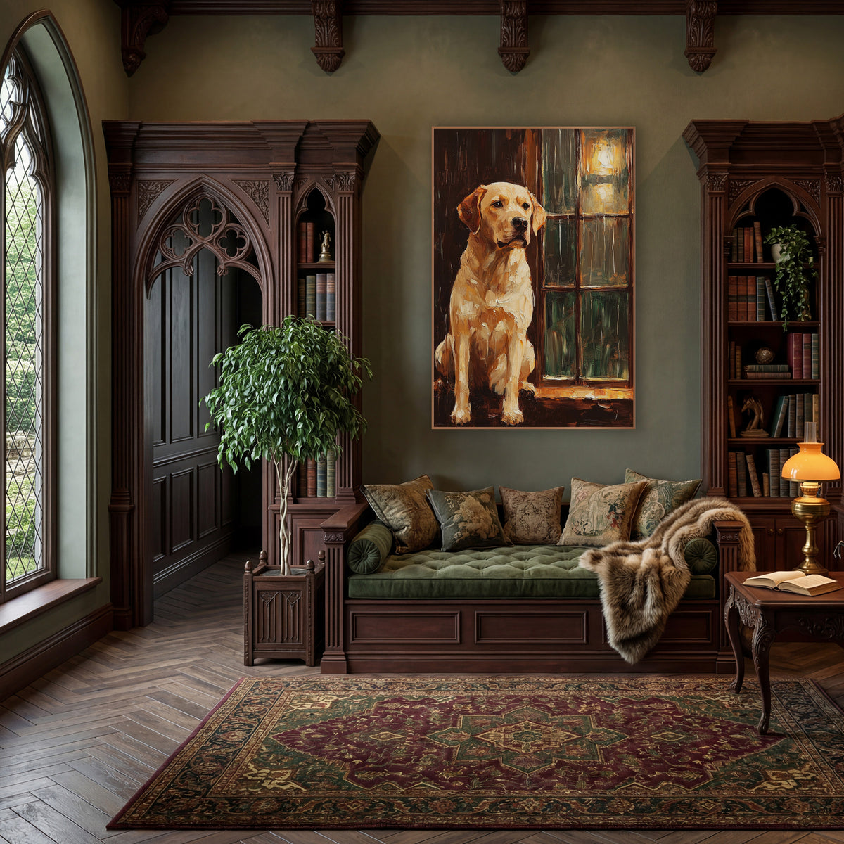 Waiting Yellow Labrador Window Portrait wall art in a moody dark academia room – yellow Labrador sitting