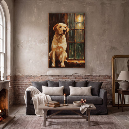 Waiting Yellow Labrador Window Portrait wall art in a moody dark academia room – yellow Labrador sitting
