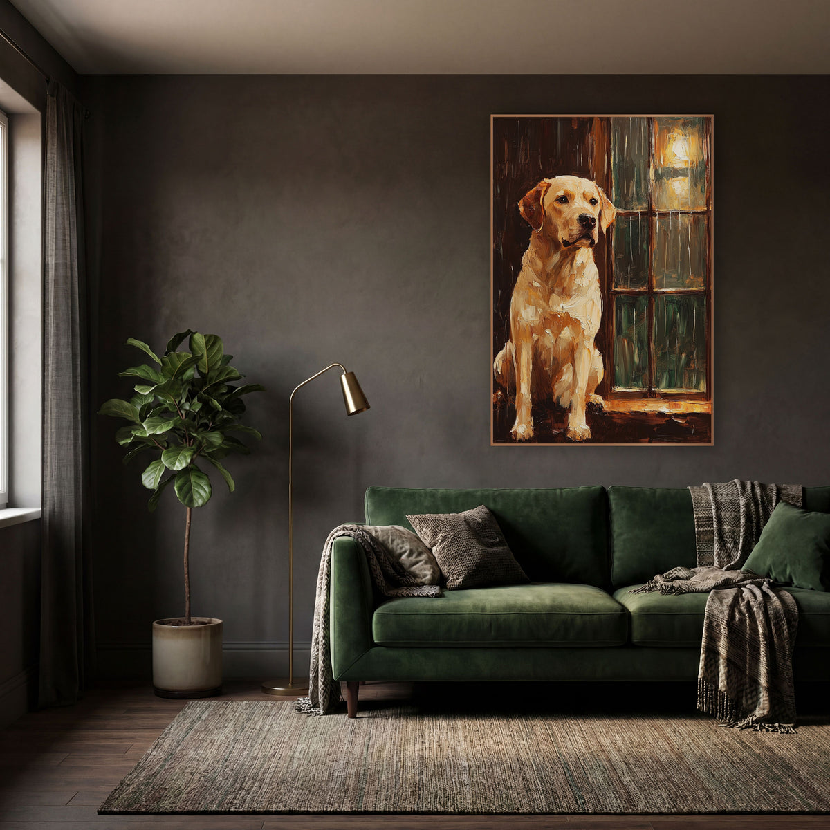 Waiting Yellow Labrador Window Portrait wall art in a moody dark academia room – yellow Labrador sitting