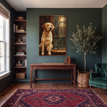 Waiting Yellow Labrador Window Portrait wall art in a moody dark academia room – yellow Labrador sitting