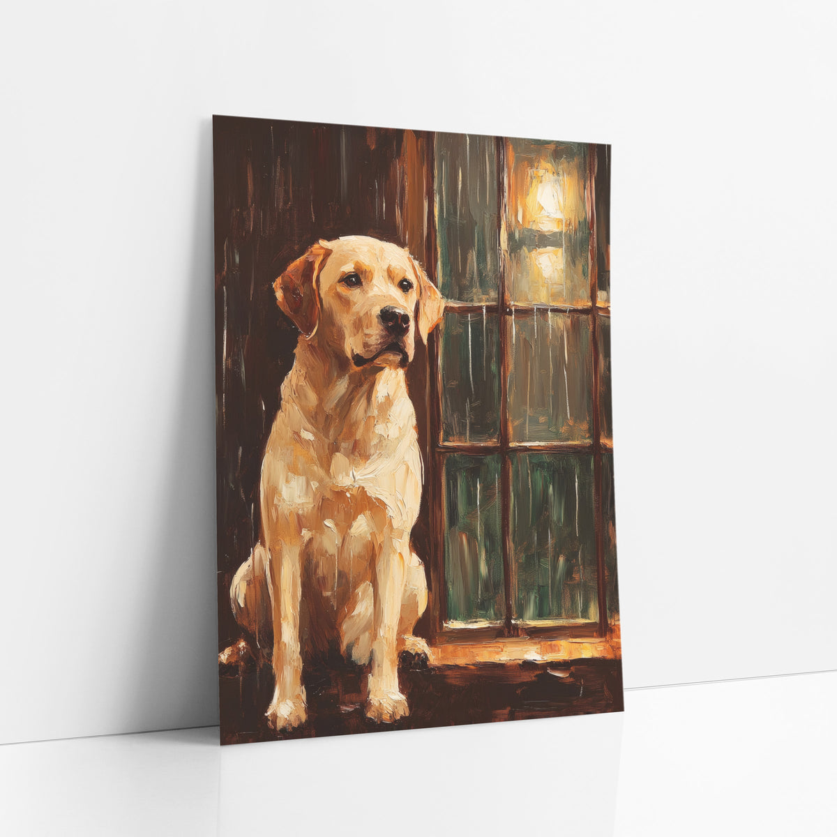 Waiting Yellow Labrador Window Portrait art print leaning against a white wall – yellow Labrador sitting