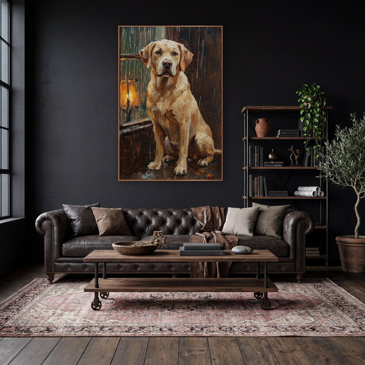 Seated Labrador Rainy Window Portrait wall art in a moody dark academia room – cream Labrador sitting