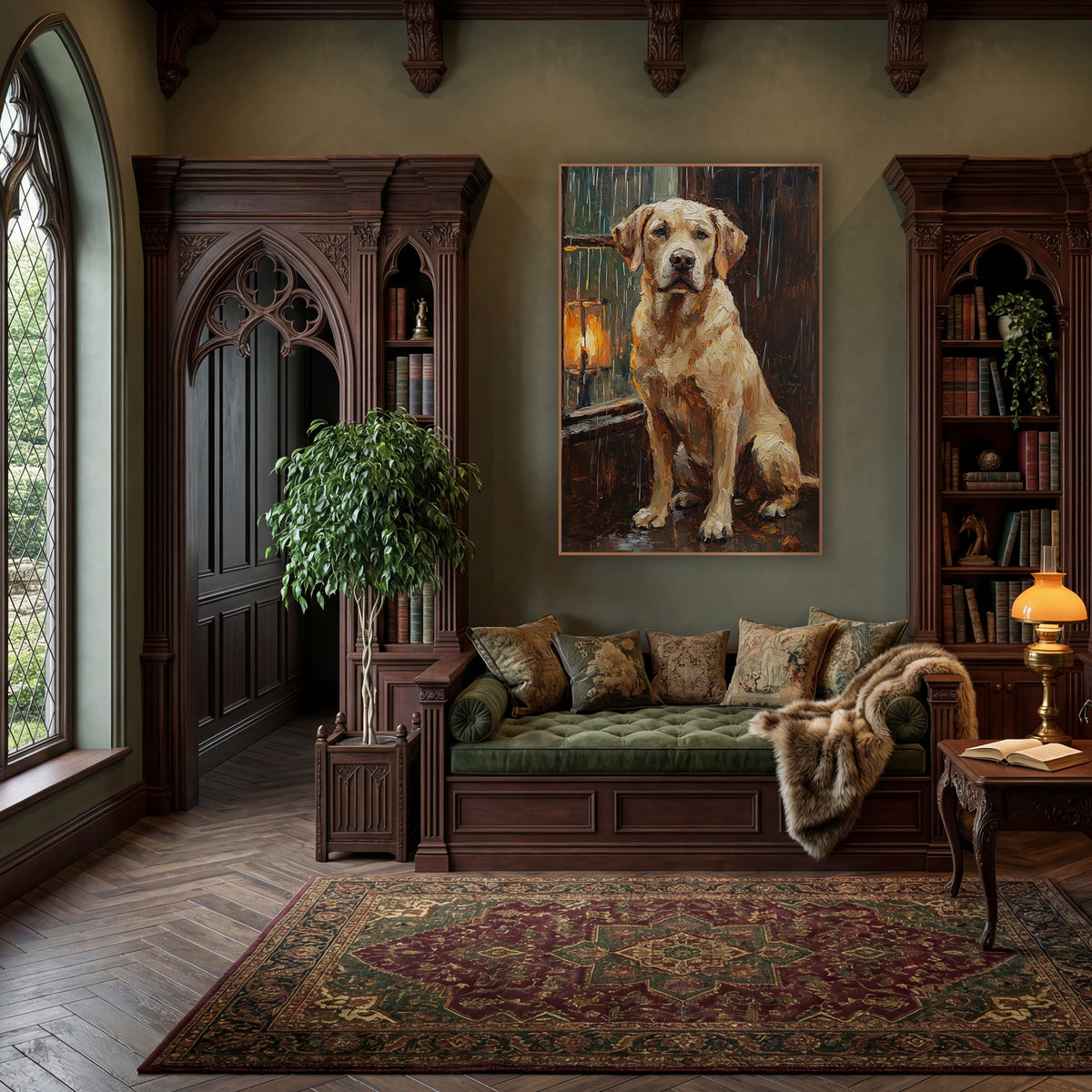 Seated Labrador Rainy Window Portrait wall art in a moody dark academia room – cream Labrador sitting