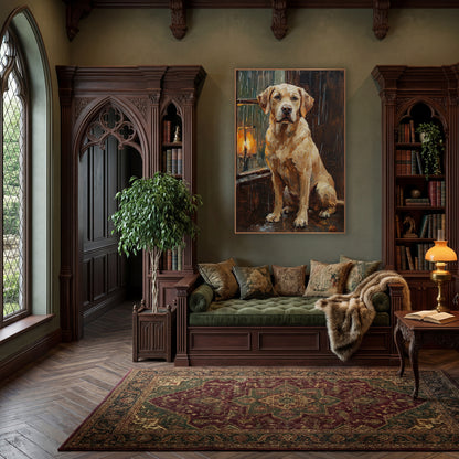 Seated Labrador Rainy Window Portrait wall art in a moody dark academia room – cream Labrador sitting