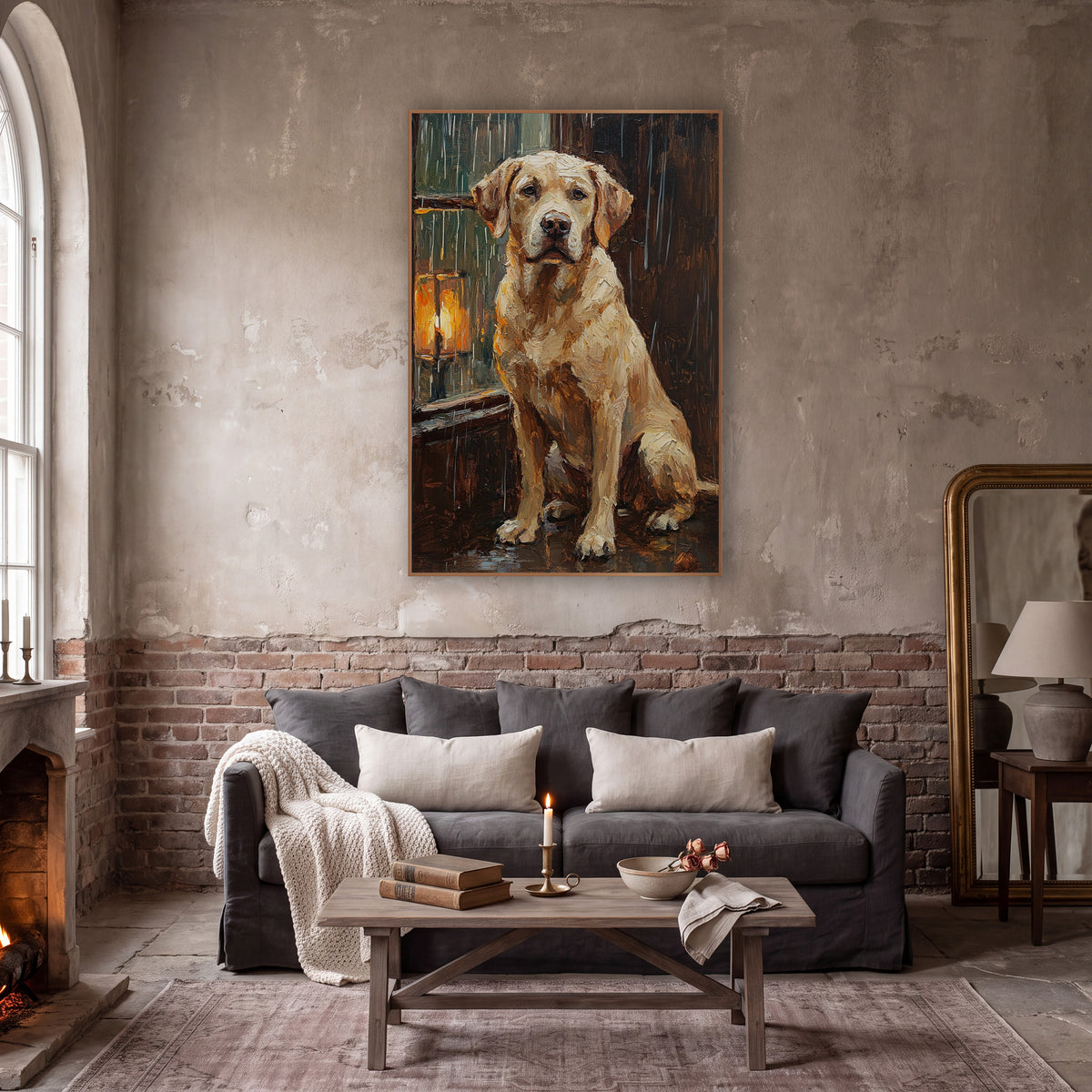 Seated Labrador Rainy Window Portrait wall art in a moody dark academia room – cream Labrador sitting