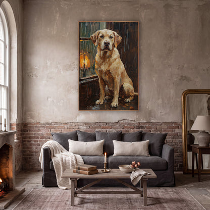 Seated Labrador Rainy Window Portrait wall art in a moody dark academia room – cream Labrador sitting