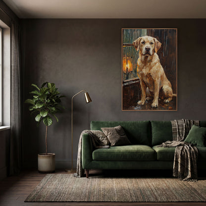 Seated Labrador Rainy Window Portrait wall art in a moody dark academia room – cream Labrador sitting
