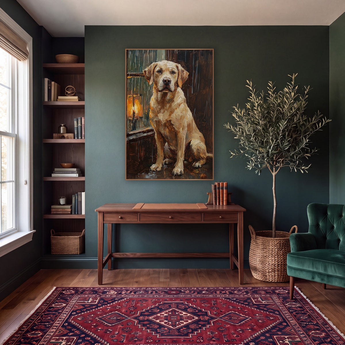 Seated Labrador Rainy Window Portrait wall art in a moody dark academia room – cream Labrador sitting