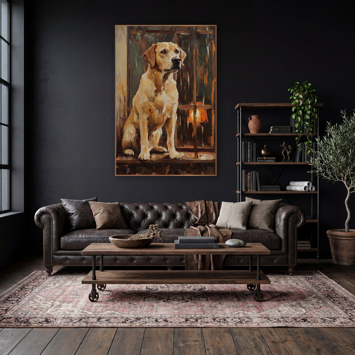 Seated Yellow Lab Dark Academia wall art in a moody dark academia room – yellow Labrador sitting upright on a wooden