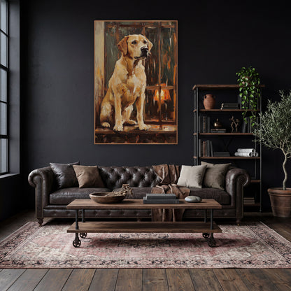 Seated Yellow Lab Dark Academia wall art in a moody dark academia room – yellow Labrador sitting upright on a wooden