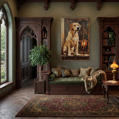 Seated Yellow Lab Dark Academia wall art in a moody dark academia room – yellow Labrador sitting upright on a wooden