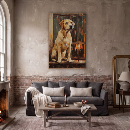 Seated Yellow Lab Dark Academia wall art in a moody dark academia room – yellow Labrador sitting upright on a wooden