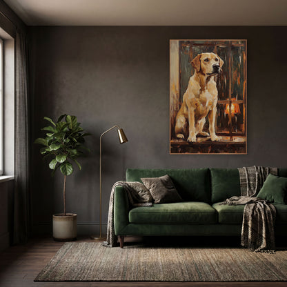 Seated Yellow Lab Dark Academia wall art in a moody dark academia room – yellow Labrador sitting upright on a wooden