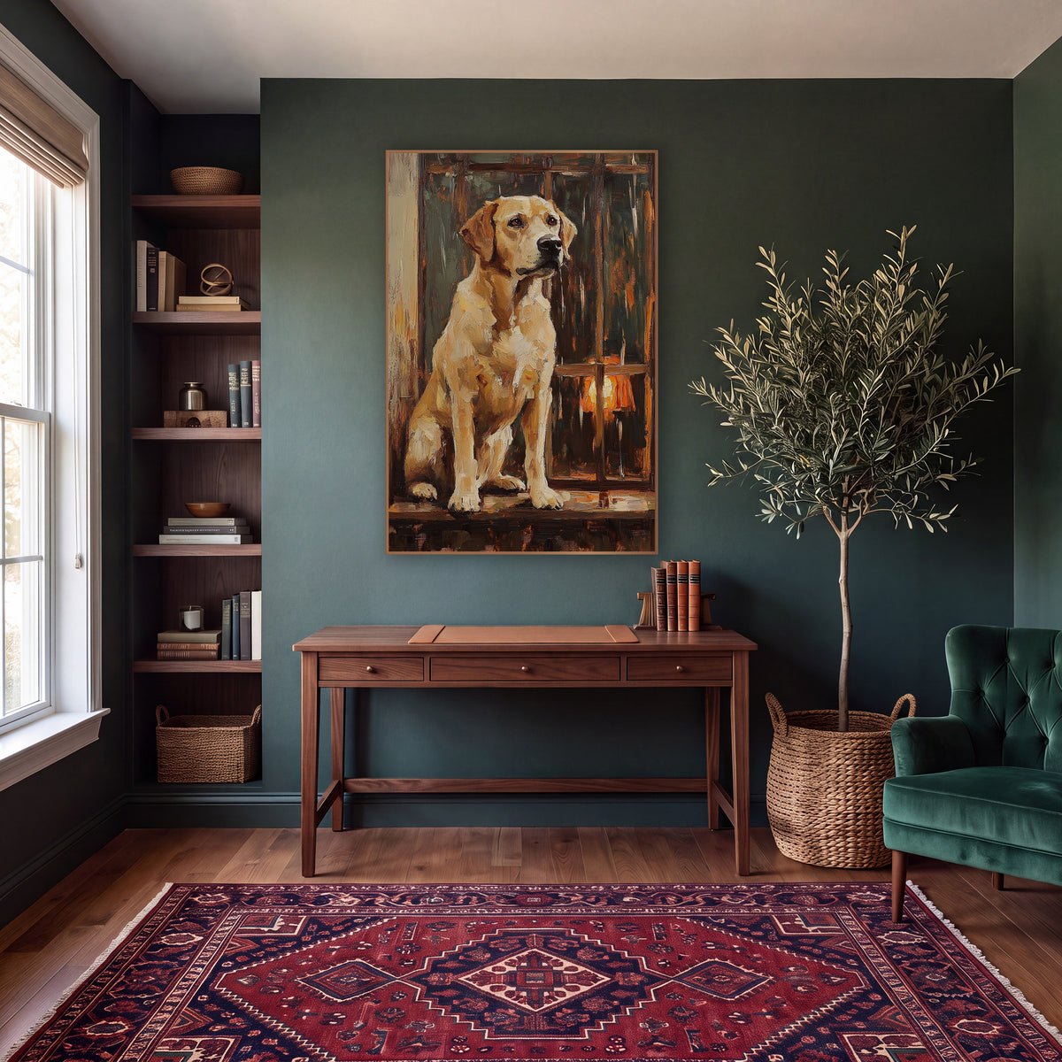 Seated Yellow Lab Dark Academia wall art in a moody dark academia room – yellow Labrador sitting upright on a wooden