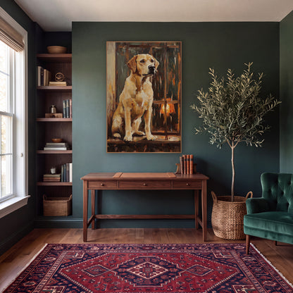 Seated Yellow Lab Dark Academia wall art in a moody dark academia room – yellow Labrador sitting upright on a wooden