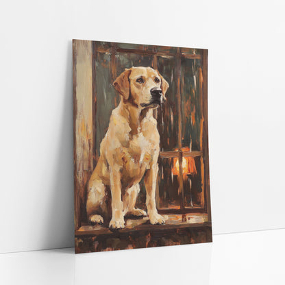 Seated Yellow Lab Dark Academia art print leaning against a white wall – yellow Labrador sitting upright on a wooden window