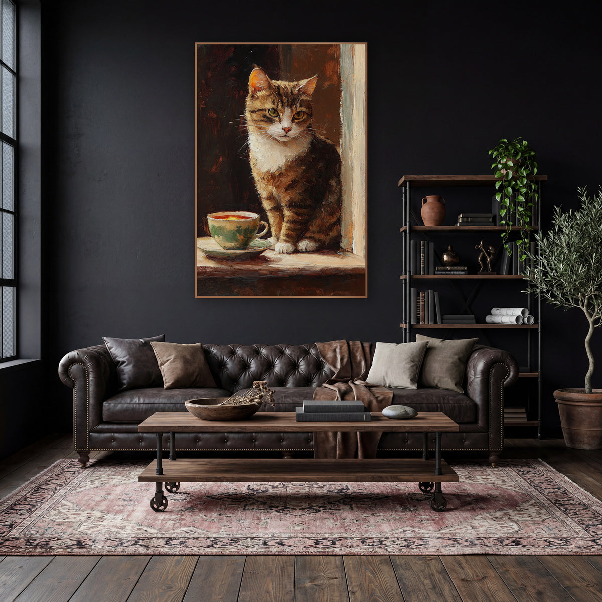 Tabby Cat Teacup Vintage Portrait wall art in a moody dark academia room – tabby cat with white chest sitting