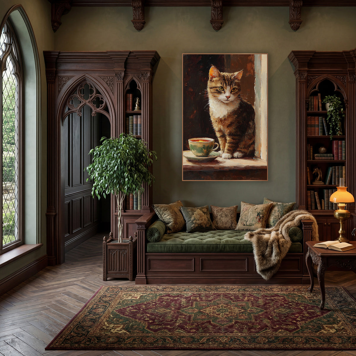 Tabby Cat Teacup Vintage Portrait wall art in a moody dark academia room – tabby cat with white chest sitting