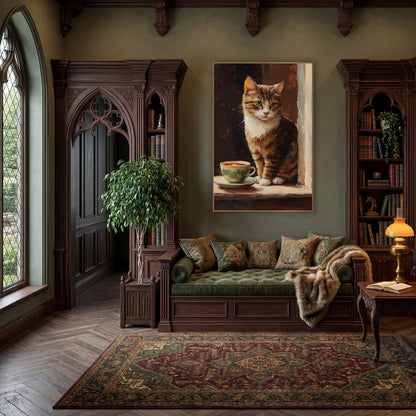 Tabby Cat Teacup Vintage Portrait wall art in a moody dark academia room – tabby cat with white chest sitting