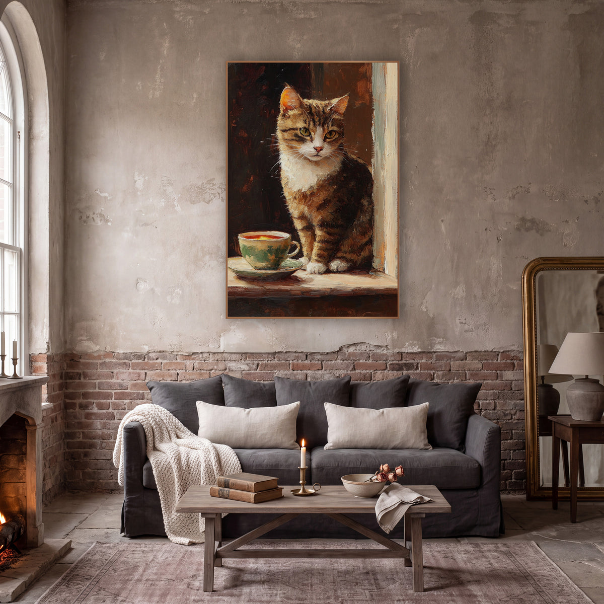 Tabby Cat Teacup Vintage Portrait wall art in a moody dark academia room – tabby cat with white chest sitting
