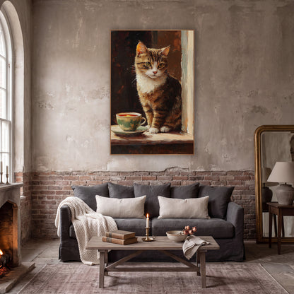 Tabby Cat Teacup Vintage Portrait wall art in a moody dark academia room – tabby cat with white chest sitting