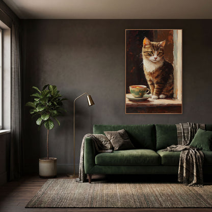 Tabby Cat Teacup Vintage Portrait wall art in a moody dark academia room – tabby cat with white chest sitting