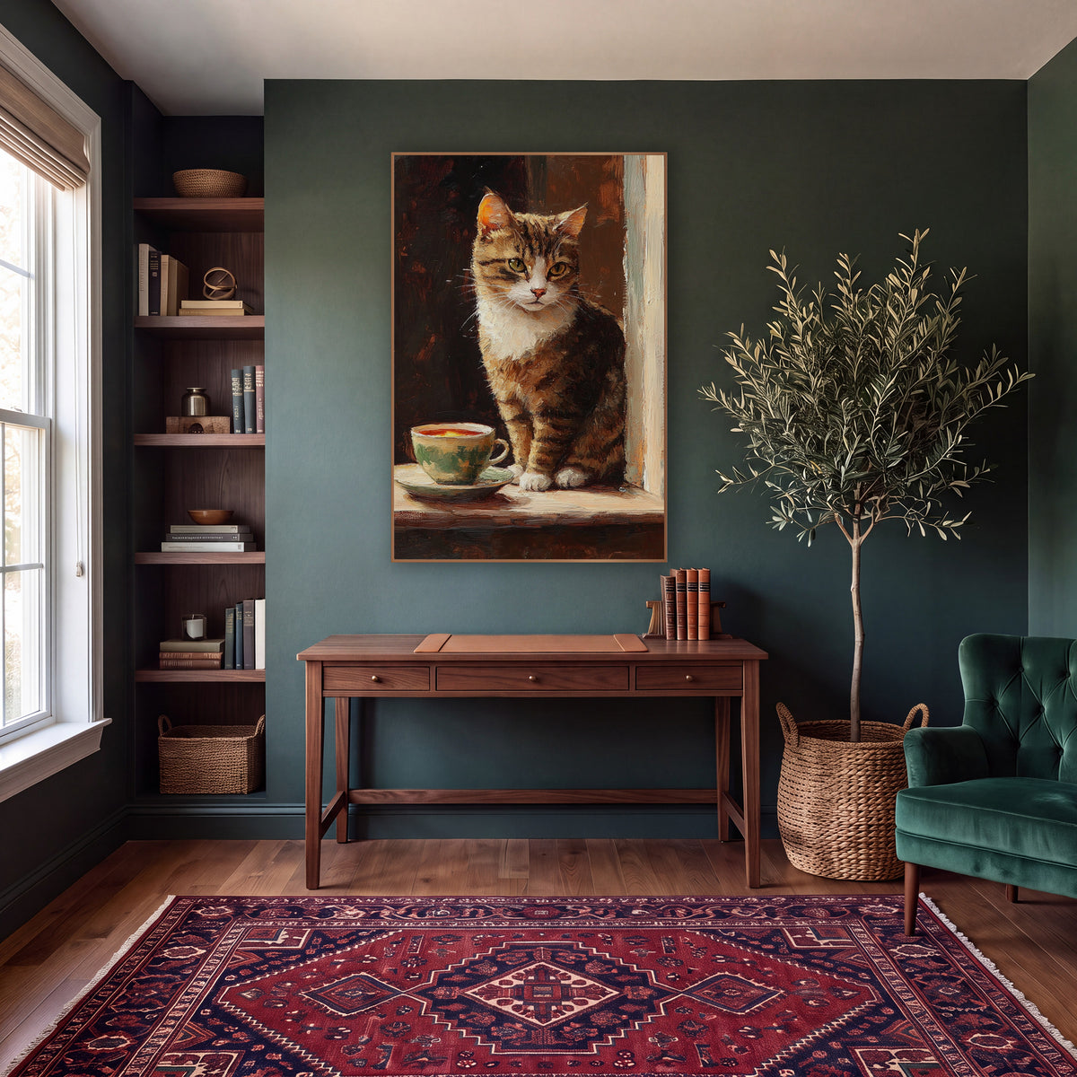 Tabby Cat Teacup Vintage Portrait wall art in a moody dark academia room – tabby cat with white chest sitting