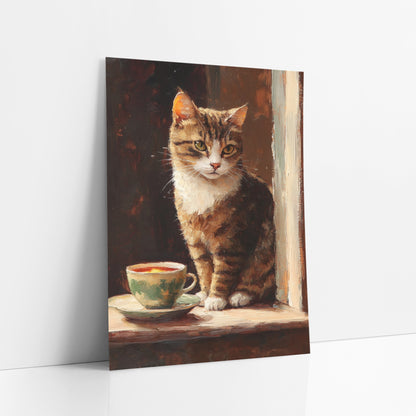 Tabby Cat Teacup Vintage Portrait art print leaning against a white wall – tabby cat with white chest sitting on a window
