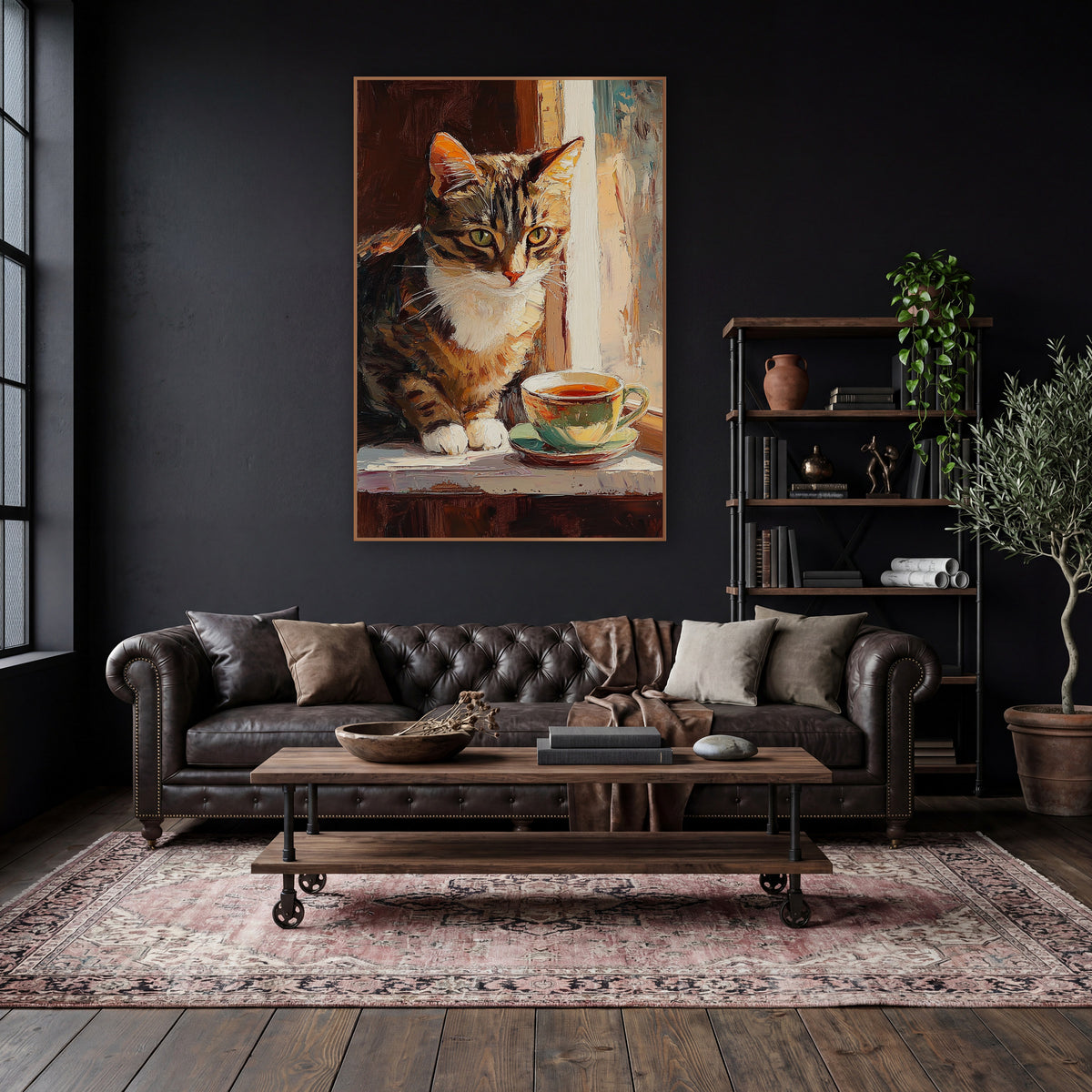 Tabby Cat Teacup Window Impressionist wall art in a moody dark academia room – tabby cat with white chest and green
