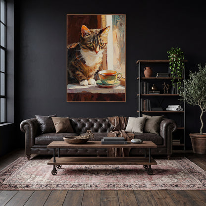 Tabby Cat Teacup Window Impressionist wall art in a moody dark academia room – tabby cat with white chest and green
