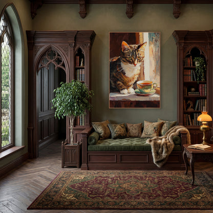 Tabby Cat Teacup Window Impressionist wall art in a moody dark academia room – tabby cat with white chest and green