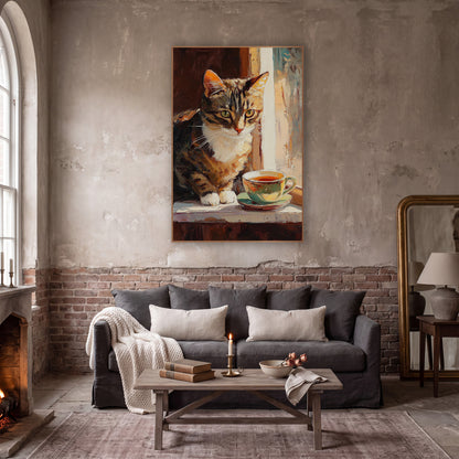 Tabby Cat Teacup Window Impressionist wall art in a moody dark academia room – tabby cat with white chest and green