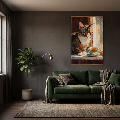 Tabby Cat Teacup Window Impressionist wall art in a moody dark academia room – tabby cat with white chest and green