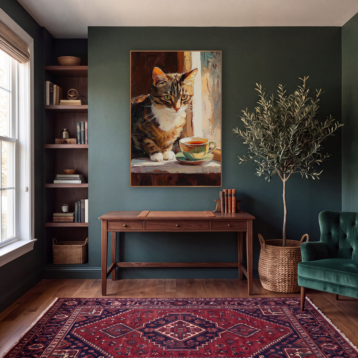 Tabby Cat Teacup Window Impressionist wall art in a moody dark academia room – tabby cat with white chest and green