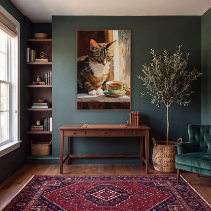 Tabby Cat Teacup Window Impressionist wall art in a moody dark academia room – tabby cat with white chest and green