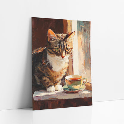Tabby Cat Teacup Window Impressionist art print leaning against a white wall – tabby cat with white chest and green eyes