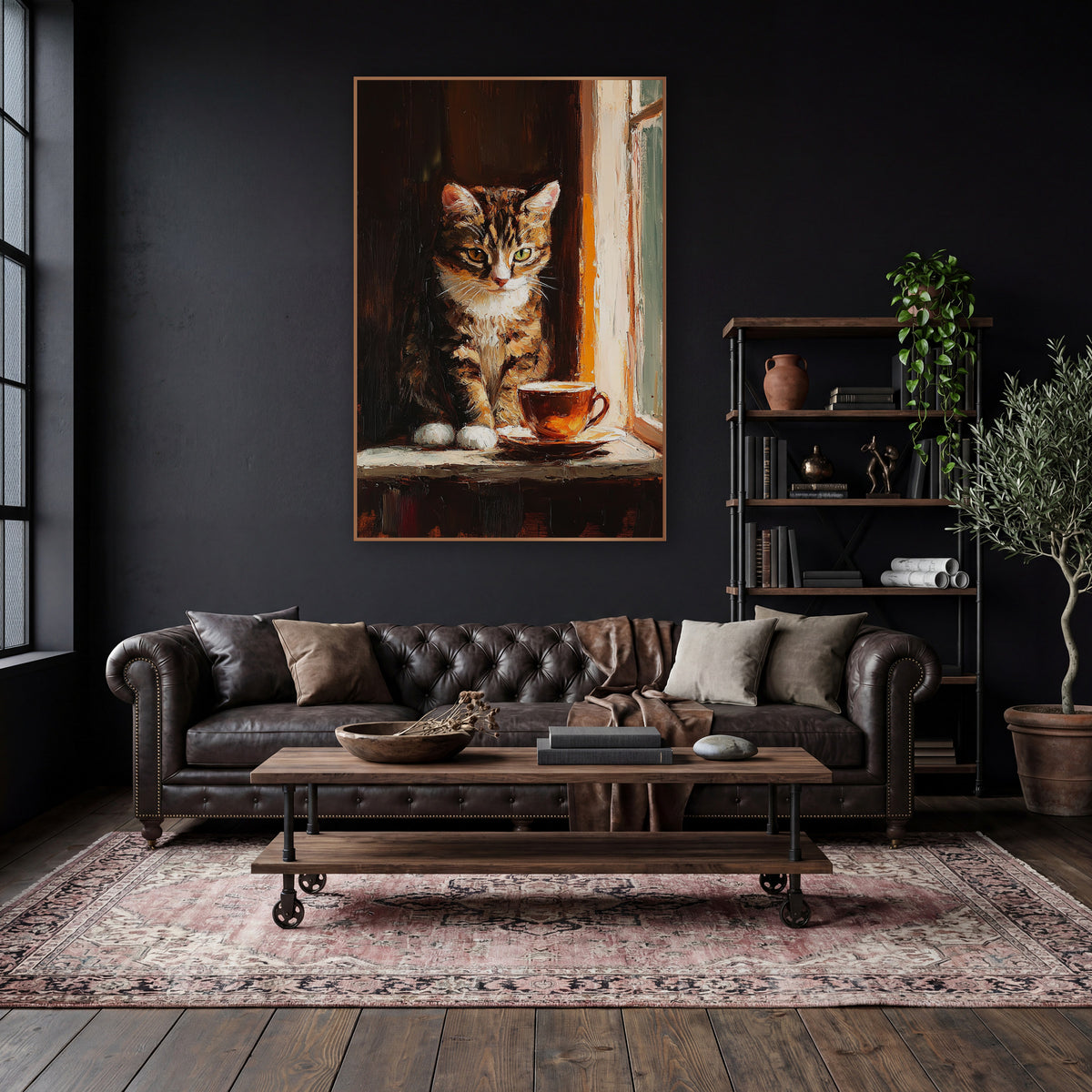 Tabby Cat Teacup Sill Moody wall art in a moody dark academia room – tabby cat with white paws sitting on a window