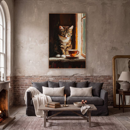 Tabby Cat Teacup Sill Moody wall art in a moody dark academia room – tabby cat with white paws sitting on a window